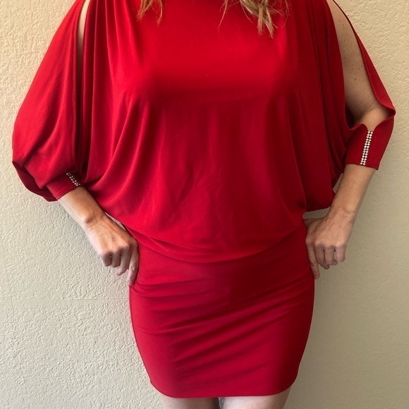 Cache Sexy Vintage 1980's Red Open Sleeve Rhinestone Mini Dress Size Small